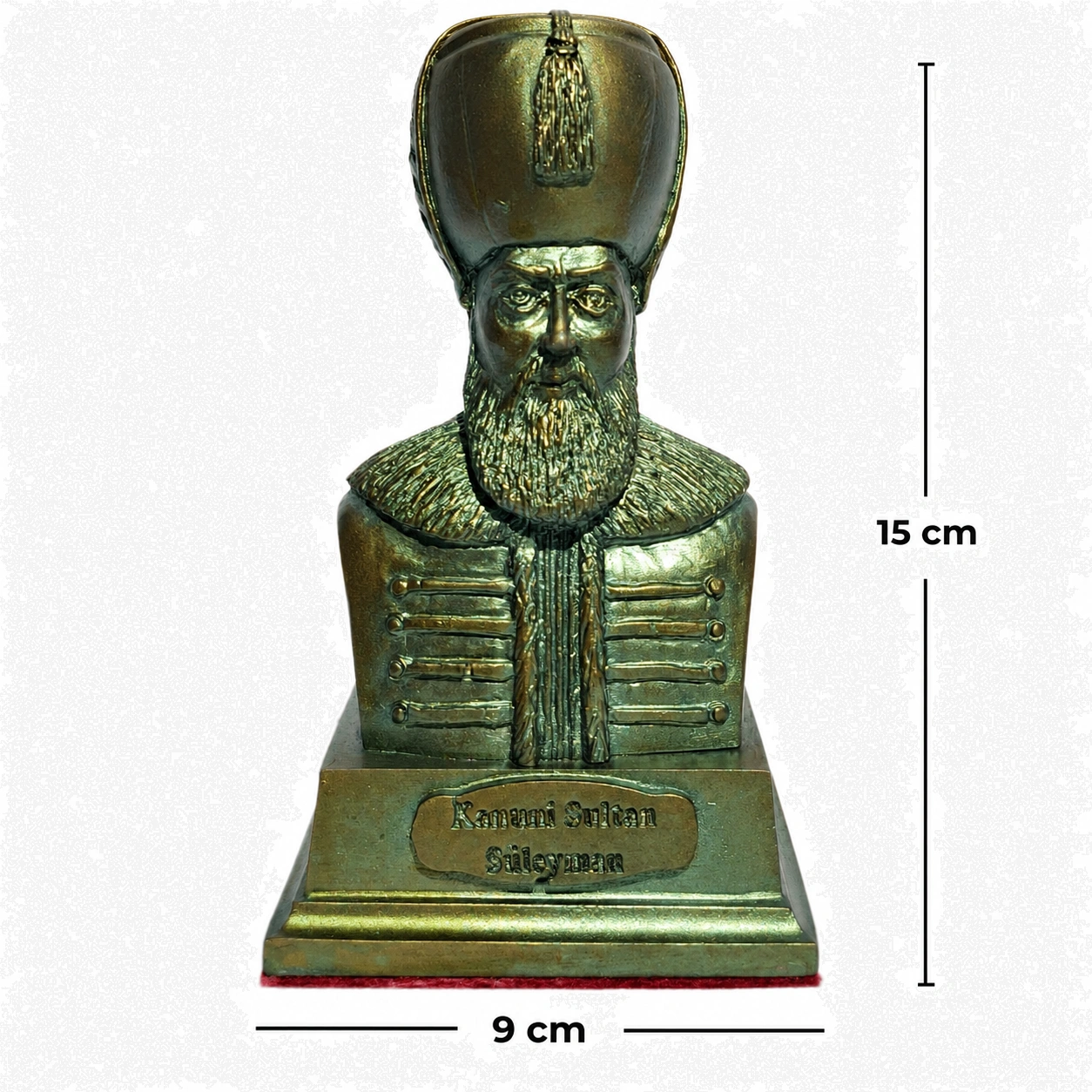 15 cm antik bronz Kanuni Sultan Süleyman büstü biblo ön görünüm